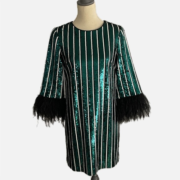 Badgley Mischka Mini Sheath Dress Sequins Feathers Size 4 Green Black White - Picture 11 of 11